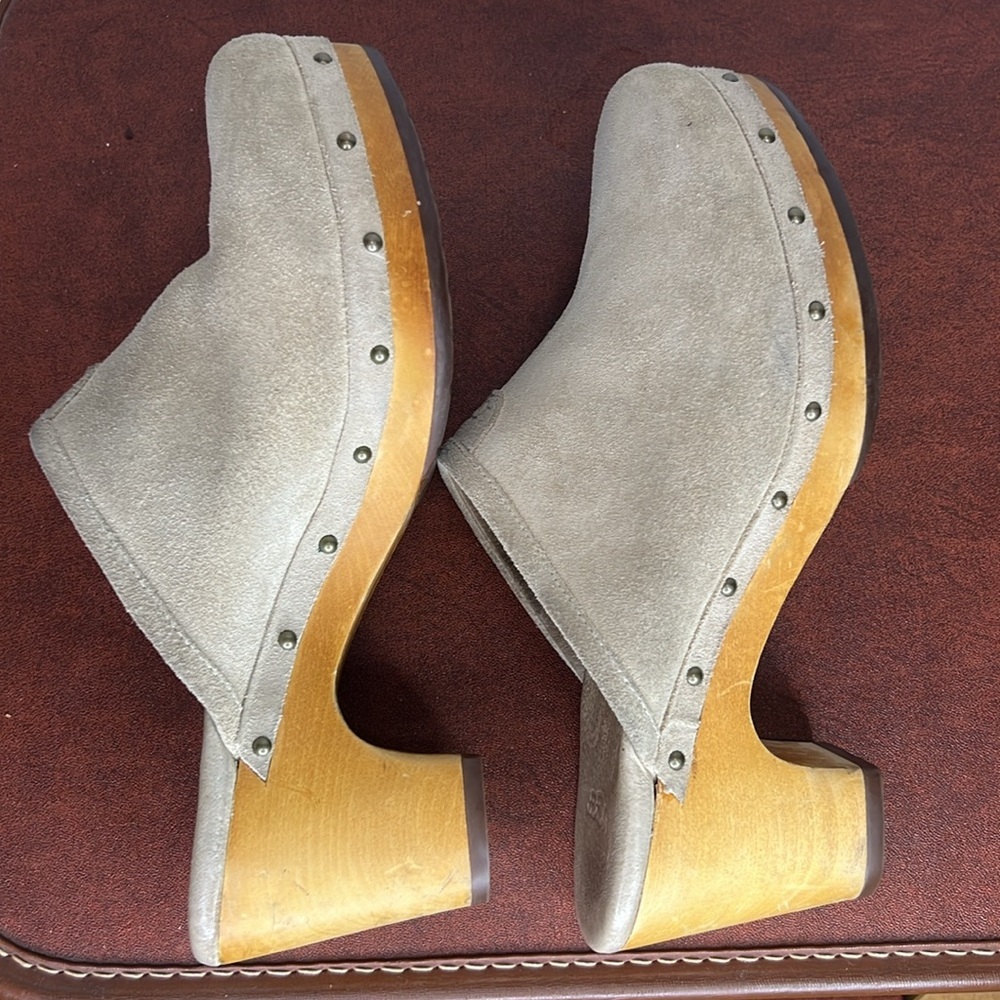 UGG Cream Suede Clog Heels with Wood Platform - Picture 8 of 13